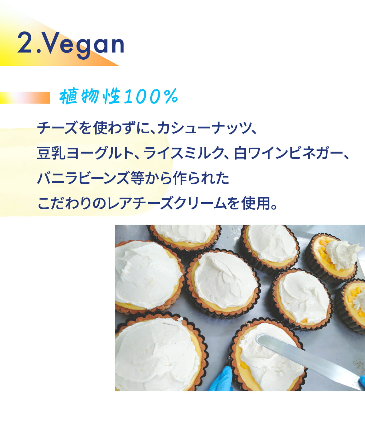 2.Vegan 植物性100% チーズを使わずに､カシューナッツ、豆乳ヨーグルト、ライスミルク、白ワインビネガー、 バニラビーンズ等から作られたこだわりのレアチーズクリームを使用｡