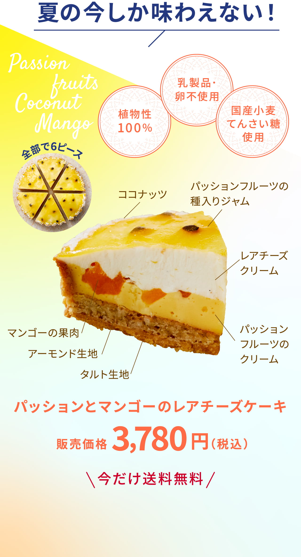 夏の今しか味わえない！ パッションとマンゴーのレアチーズケーキ 販売価格3,780円（税込）
